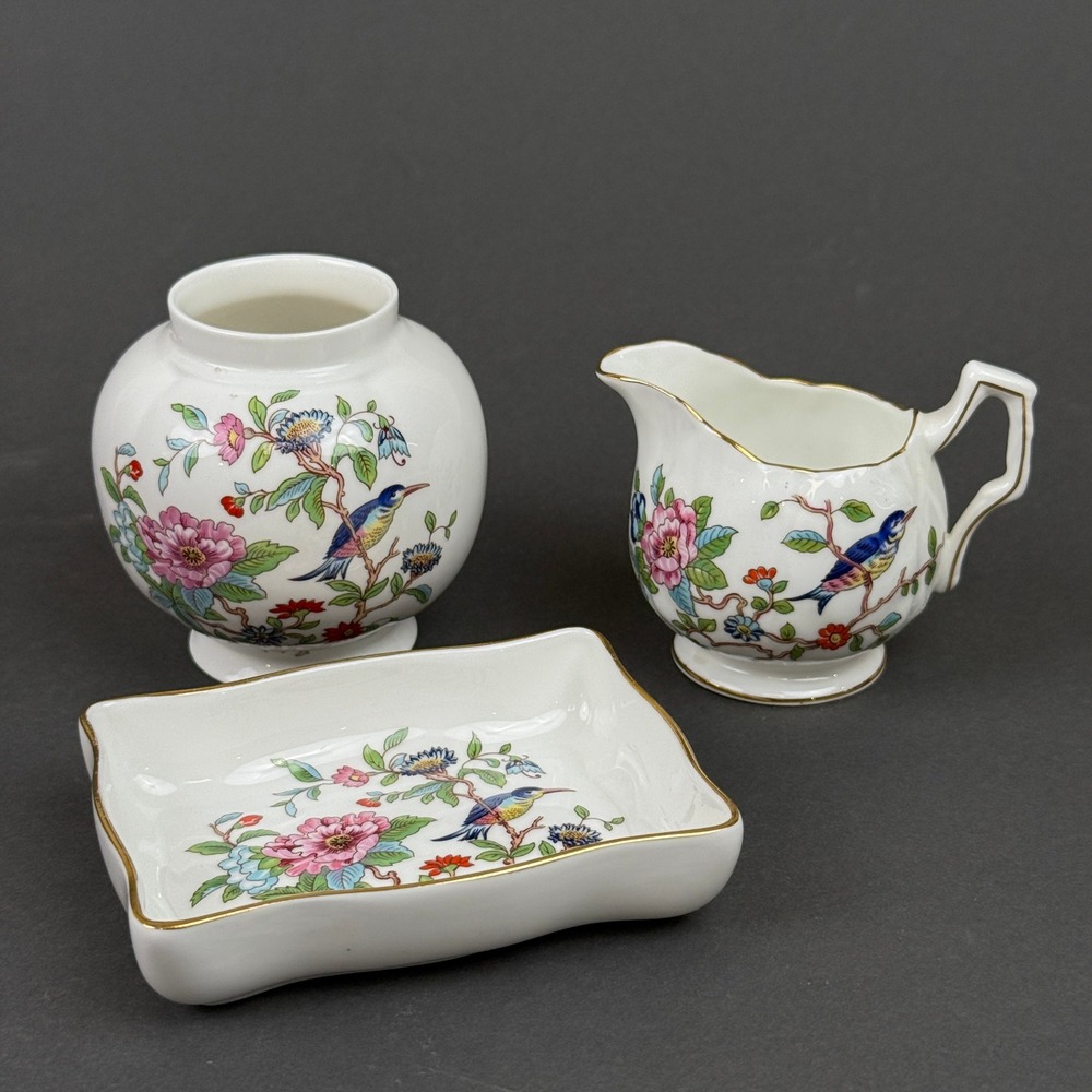 Aynsley Pembroke Bone China Set 3pc White Bird Floral Gold Trim